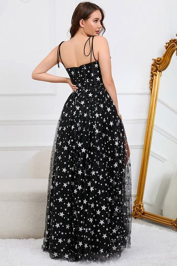 Tulle A-Line Spaghetti Straps Black Long Ball Dress with Stars